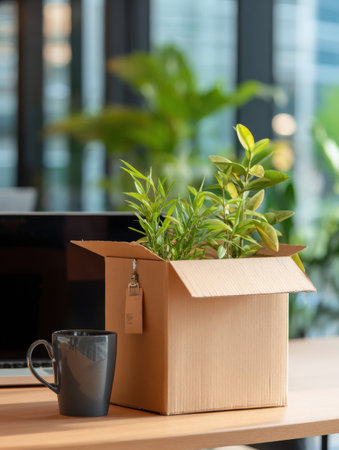 A cardboard box holds a vibrant plant next to a coffee mug on a wooden desk in a well-lit office setting.の素材