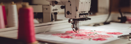 An embroidery machine stitches a detailed floral pattern using colorful threads in a textile workshop setting during daylight.の素材