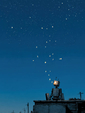 A small robot sits on a rooftop, mesmerized by a starry night sky, as glowing stars twinkle above, creating a serene atmosphere.の素材