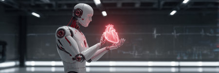 An advanced robot delicately holds a glowing heart symbol in a sleek, modern laboratory environment showcasing technological innovation.の素材