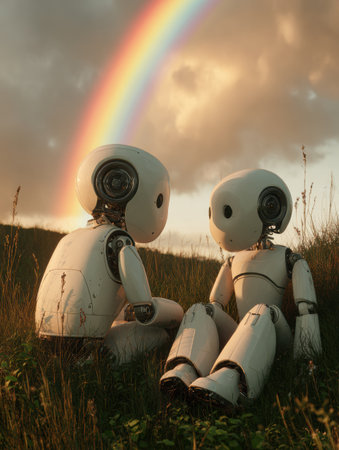 Two humanoid robots relax in a grassy field while a vivid rainbow appears in the sky during sunset, creating a tranquil atmosphere.の素材