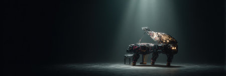 An intricately designed piano composed of mechanical parts stands in a dimly lit area, creating a striking contrast with the darkness.の素材