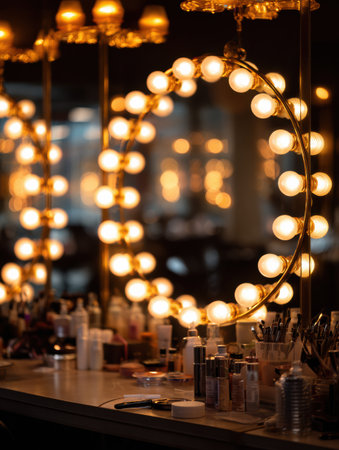 Bright lights surround a round mirror, reflecting a tidy makeup station filled with beauty products, creating a cozy vibe.の素材