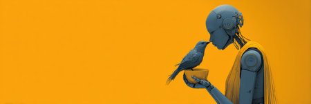 A humanoid robot gently holds a small bowl for a bird while both are set against a bright yellow backdrop, creating a serene atmosphere.の素材