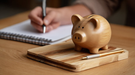 A person writes budgeting plans in a notebook beside a wooden piggy bank and a pen on a table, focusing on financial savings.の素材