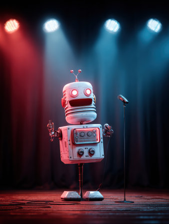 A quirky robot character stands confidently on stage in theater lighting, preparing to entertain the audience with a performance.の素材