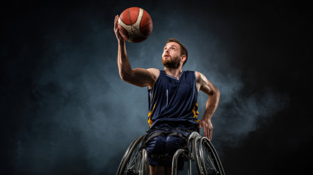 A male athlete skillfully scores in wheelchair basketball, showcasing determination and talent under dramatic lighting.の素材