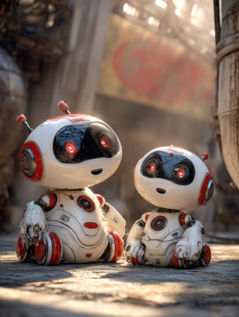 Two adorable robots sit together in a vibrant, futuristic city, showing intricate designs and glowing features that capture attention.の素材