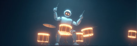 A robot drummer is energetically performing on stage with glowing drums, captivating the audience with rhythmic beats during a live show.の素材