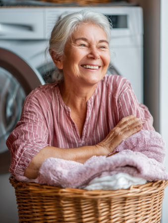 A joyful elderly woman smiles as she folds laundry in a bright and cozy home, surrounded by clean clothes and a warm atmosphere.の素材