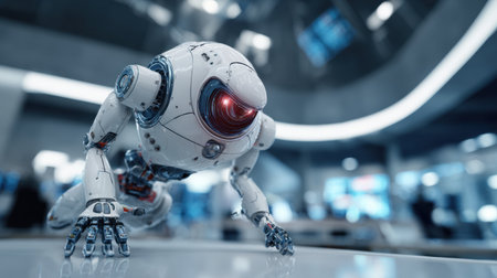 Humanoid robot interacts with a sleek environment, showing advanced technology in a spacious interior during a daytime event.の素材