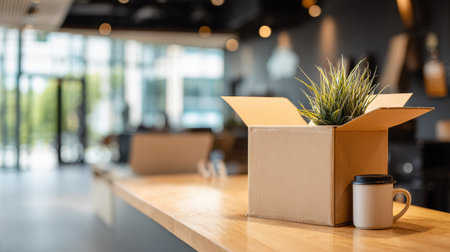 A cozy workspace featuring a cardboard box with a plant and a coffee cup on a wooden table, creating a welcoming atmosphere.の素材