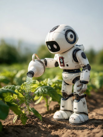 Robot uses a watering can to nourish plants in a lush garden during daylight, highlighting advancements in agricultural technology.の素材