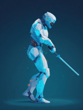 A robot made of geometric shapes stands confidently, holding a glowing sword. The scene captures a moment of action amidst a dark backdrop.の素材