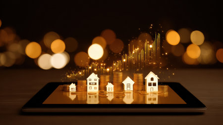 Miniature houses placed on stacks of coins on a tablet depicting the concept of real estate investment and financial growth through technology.の素材