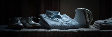 Neatly arranged shoes, an ironed shirt, and a kettle create a cozy atmosphere in a dimly lit room, highlighting daily preparation.の素材