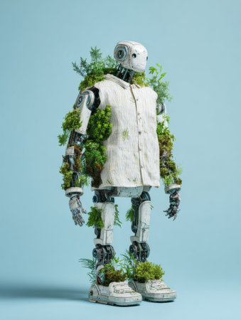 A humanoid robot stands against a blue background, showing greenery growing from its body, symbolizing the fusion of nature and technology.の素材