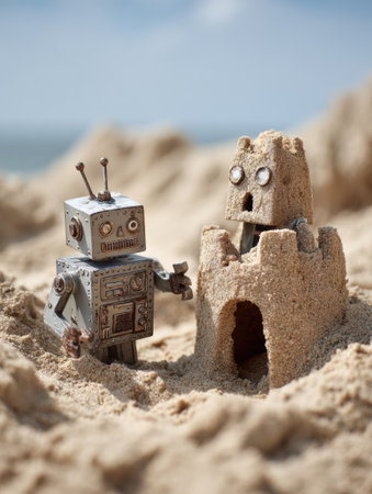 Two charming robots engage in a creative activity on a sunlit beach, constructing a detailed sandcastle with enthusiasm and joy.の素材