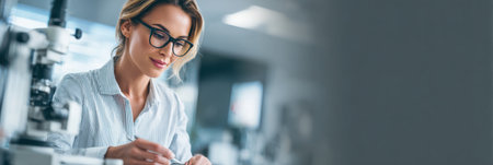 A researcher concentrates on analyzing samples under a microscope, showcasing dedication in a well-lit laboratory setting.の素材
