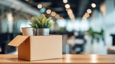 A container with a plant and cup is situated on a wooden counter in a bright, contemporary office setting filled with natural light.の素材