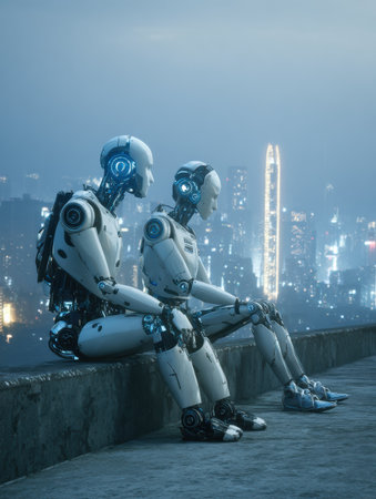 Two humanoid robots rest on a rooftop, gazing at the illuminated skyline during twilight, showcasing advanced technology and design.の素材