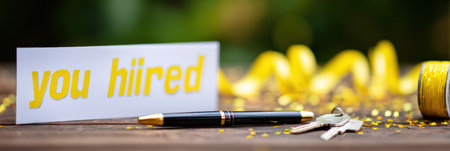 Joyful moment captured with a vibrant sign announcing a job hire, accompanied by a pen and keys on a decorated wooden table.の素材