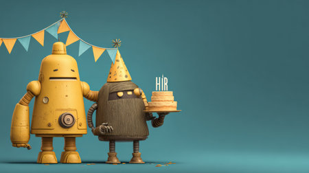 Two friendly robots hold a festive cake at a birthday party, surrounded by colorful decorations and a joyful atmosphere.の素材