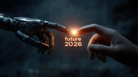 A human hand reaches towards a robotic hand, illuminated by a glowing connection in the year 2026, representing unity between man and machine.の素材