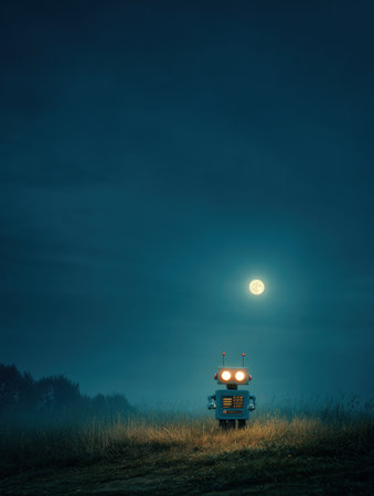 A colorful robot stands in a moonlit field, encircled by misty grass and distant trees, creating a whimsical night scene.の素材