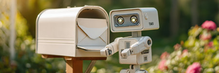 A cheerful robot stands beside a classic mailbox, ready to deliver mail in a colorful garden illuminated by warm sunlight.の素材