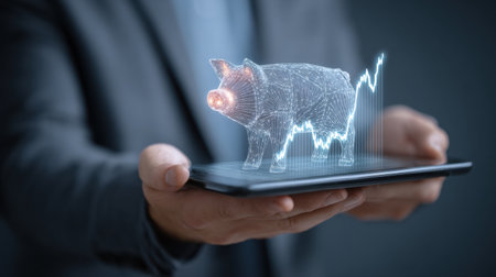 Person holding a tablet displaying a 3D piggy bank and rising graph, symbolizing financial growth and smart investments in savings.の素材