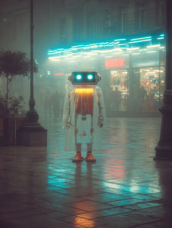 A robot with bright eyes and a glowing chest appears in a foggy city street, surrounded by vibrant neon signs and reflections on wet pavement.の素材