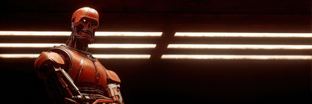 A striking robot figure with red and black features poses in a low-light setting, emphasizing its unique design and structure.の素材