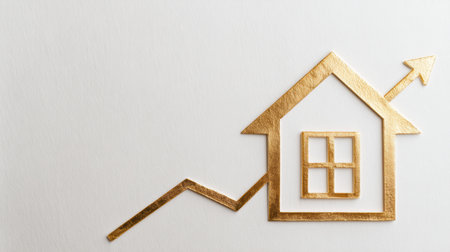Golden house symbol with an upward trend line showcases positive growth in the real estate market against a light background.の素材