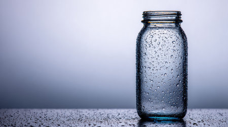 A clear glass jar sits on a shiny surface, covered in water droplets, illuminated by soft, diffused light, creating a serene mood.の素材