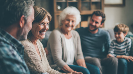 A group of four adults and a child enjoys a joyful moment together in a warm, inviting living room filled with smiles and laughter.の素材