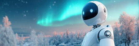 A futuristic robot gazes at the stunning aurora borealis amidst a snowy forest, blending technology and natural wonders in a serene night setting.の素材