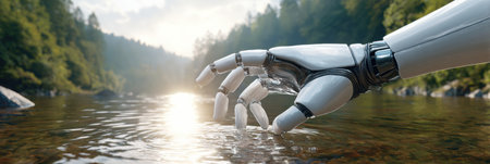 A robotic hand gently touches the water in a serene forest setting, glistening under the sun.の素材