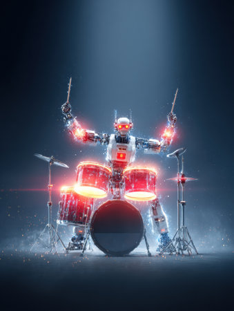A futuristic robot drummer plays passionately in a spotlight, creating a lively atmosphere with bright red lights and sparkling effects.の素材