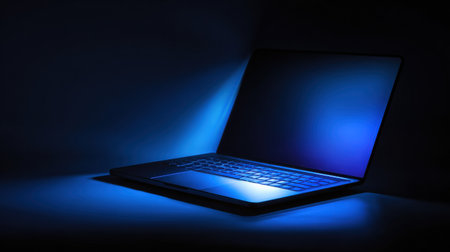 A laptop sits open in a dark space, casting a cool blue glow that highlights its modern design and keyboard features.の素材