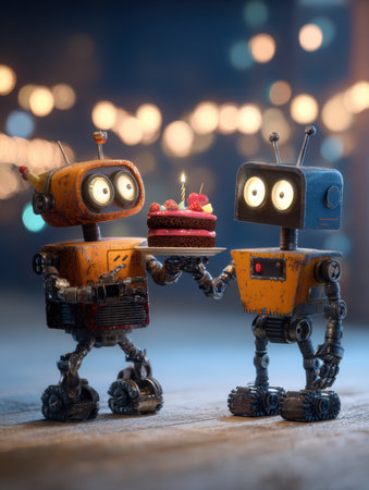 Two adorable robots hold a delicious cake topped with a candle in a warm, inviting atmosphere filled with sparkling lights.の素材