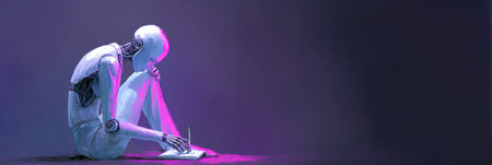 A robot thoughtfully writing in a notebook while seated in a dark space with soft purple and blue lighting, conveying a sense of contemplation.の素材