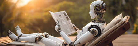 A robot sits comfortably in a chair, reading a newspaper under the warm glow of sunset, surrounded by nature.の素材