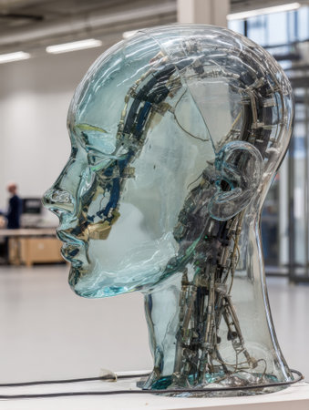 A transparent robotic head showcases intricate wiring inside, set in a minimalist gallery environment during daylight.の素材