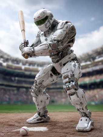 A white robotic figure stands ready to strike a baseball with a bat in a vibrant stadium during daytime.の素材