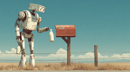 A robotic figure holds bottles of milk next to a red mailbox in a scenic countryside setting with a bright blue sky and distant hills.の素材