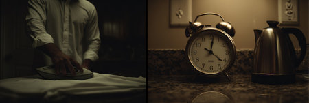A man presses a shirt on an ironing board in a softly lit room, while a vintage alarm clock and kettle sit on the counter.の素材