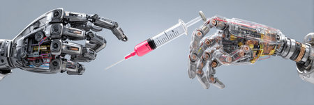 In a futuristic environment, two robotic hands reach toward each other, one offering a syringe while the other prepares to receive it.の素材