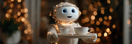 A cheerful robot, adorned with holiday lights, carries two cups of tea in a cozy space filled with twinkling decorations.の素材