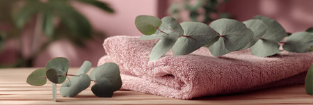 Soft towel adorned with eucalyptus leaves in a peaceful indoor space, creating a calming and relaxing atmosphere.の素材